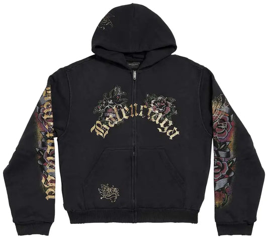 Balenciaga Tacky Tattoo Zip-Up Hoodie 'Faded Washed Black'