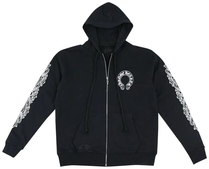 Chrome Hearts Horseshoe Floral Cross-Sleeve Zip Up Hoodie 'Black/White