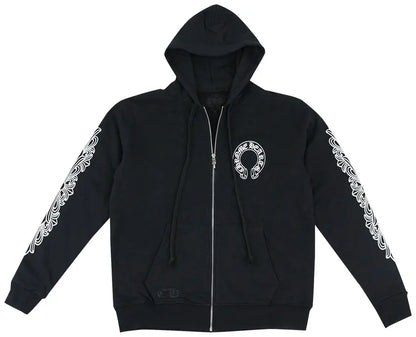 Chrome Hearts Horseshoe Floral Cross-Sleeve Zip Up Hoodie 'Black/White
